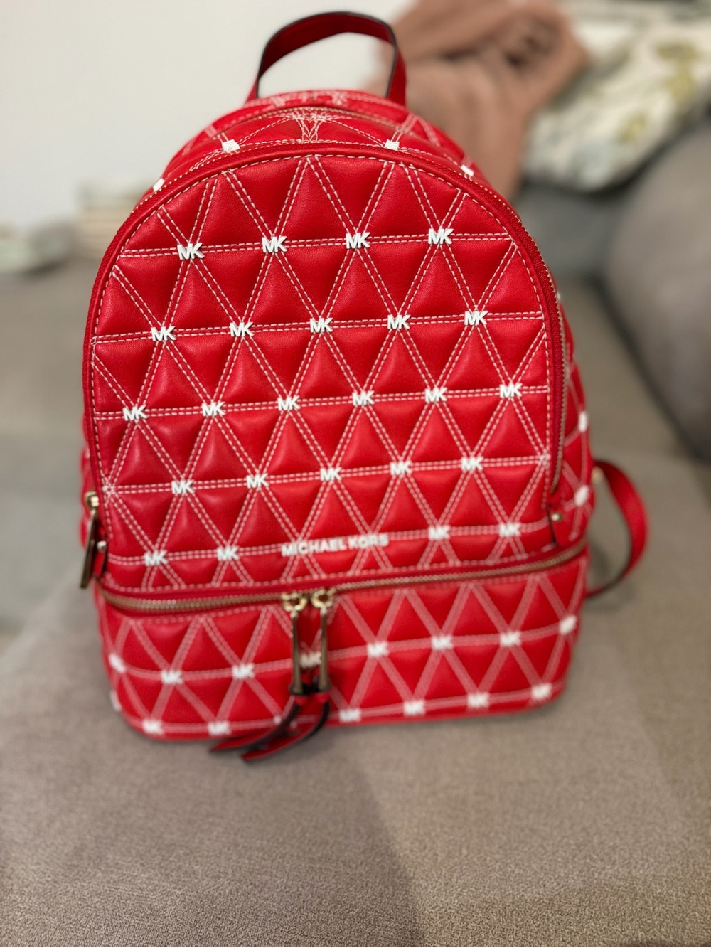 Michael Kors Red Quilted Mini Backpack with MK Emboss